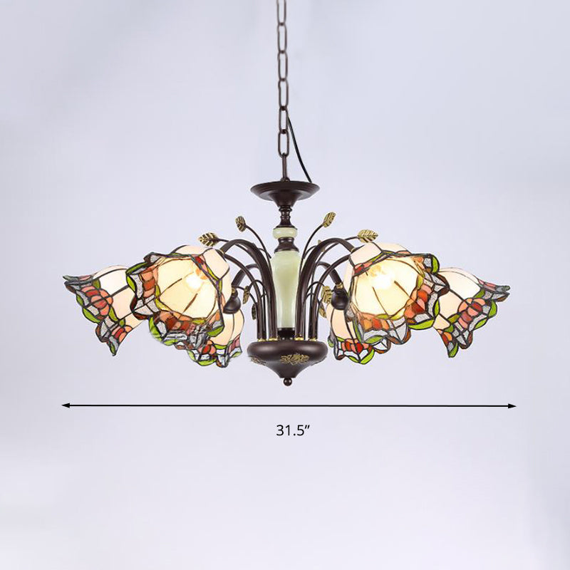 Stained Art Glass Bronze Pendant Chandelier Floral 3/6/8 Lights Tiffany Style Hanging Light Fixture for Bedroom Clearhalo 'Ceiling Lights' 'Chandeliers' 'Industrial' 'Middle Century Chandeliers' 'Tiffany Chandeliers' 'Tiffany close to ceiling' 'Tiffany' Lighting' 296138
