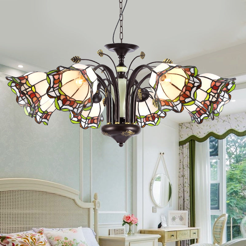 Stained Art Glass Bronze Pendant Chandelier Floral 3/6/8 Lights Tiffany Style Hanging Light Fixture for Bedroom 8 Bronze Clearhalo 'Ceiling Lights' 'Chandeliers' 'Industrial' 'Middle Century Chandeliers' 'Tiffany Chandeliers' 'Tiffany close to ceiling' 'Tiffany' Lighting' 296139