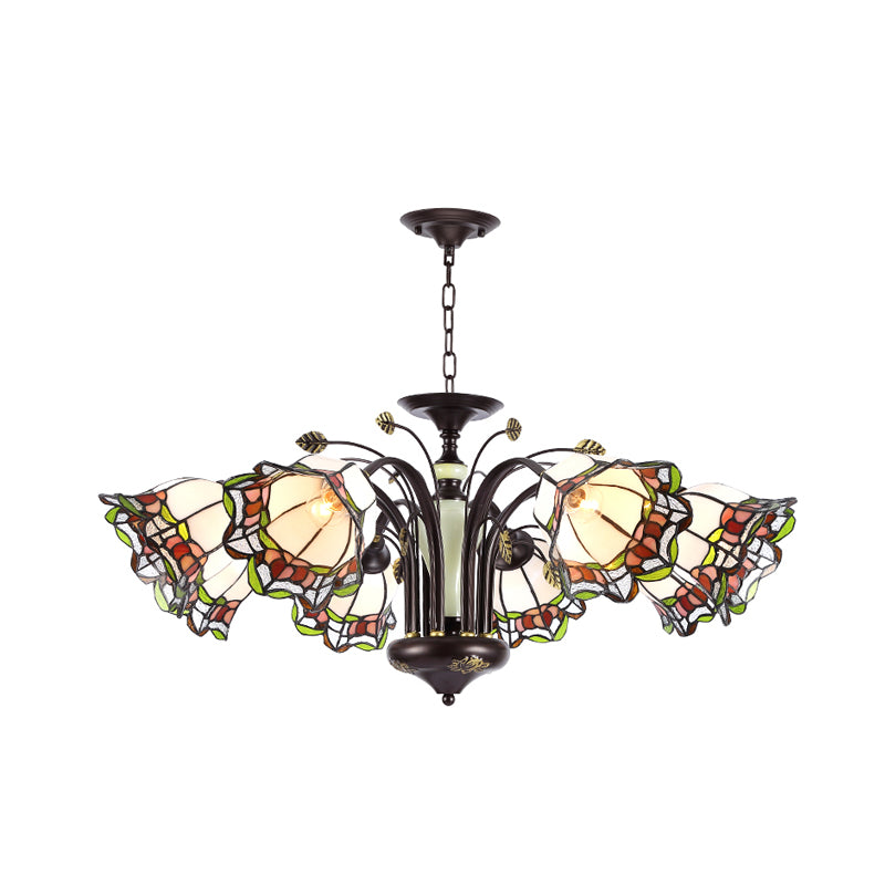Stained Art Glass Bronze Pendant Chandelier Floral 3/6/8 Lights Tiffany Style Hanging Light Fixture for Bedroom Clearhalo 'Ceiling Lights' 'Chandeliers' 'Industrial' 'Middle Century Chandeliers' 'Tiffany Chandeliers' 'Tiffany close to ceiling' 'Tiffany' Lighting' 296140