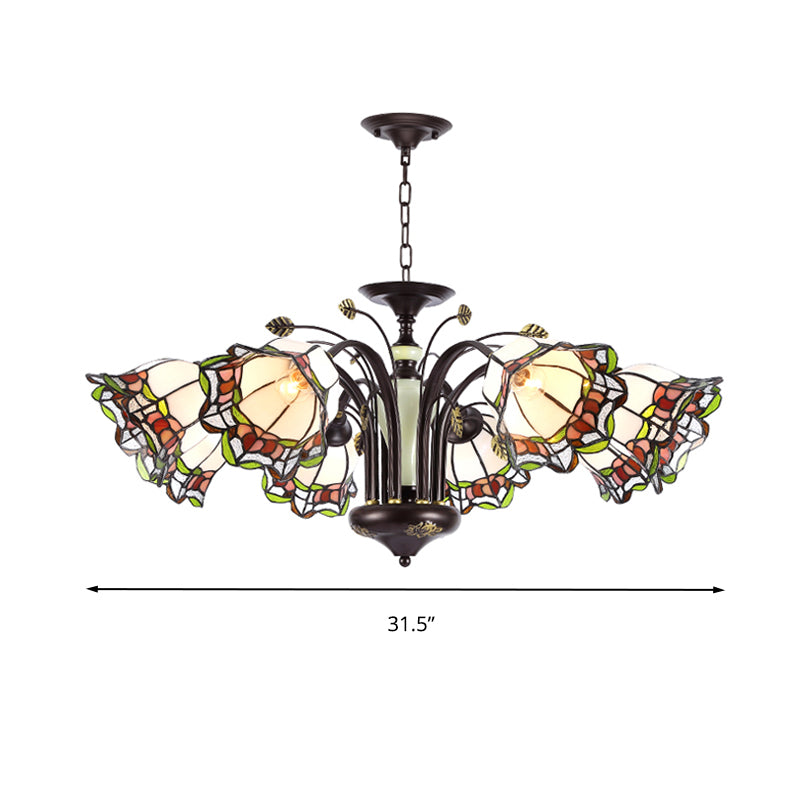 Stained Art Glass Bronze Pendant Chandelier Floral 3/6/8 Lights Tiffany Style Hanging Light Fixture for Bedroom Clearhalo 'Ceiling Lights' 'Chandeliers' 'Industrial' 'Middle Century Chandeliers' 'Tiffany Chandeliers' 'Tiffany close to ceiling' 'Tiffany' Lighting' 296141
