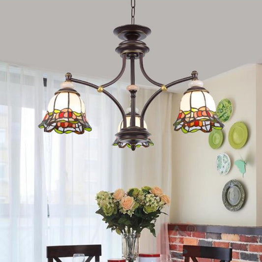 Tiffany Flower Chandelier Lamp 3/6/8 Lights Stained Glass Suspension Lighting in Black for Living Room 3 Black Clearhalo 'Ceiling Lights' 'Chandeliers' 'Close To Ceiling Lights' 'Industrial' 'Middle Century Chandeliers' 'Tiffany Chandeliers' 'Tiffany close to ceiling' 'Tiffany' Lighting' 296253