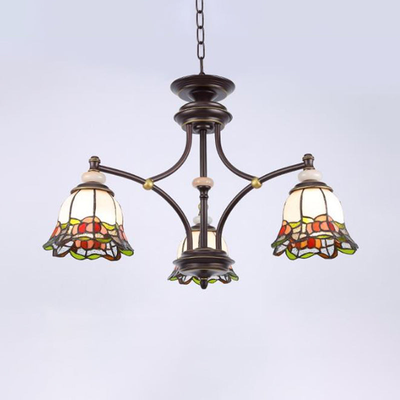 Tiffany Flower Chandelier Lamp 3/6/8 Lights Stained Glass Suspension Lighting in Black for Living Room Clearhalo 'Ceiling Lights' 'Chandeliers' 'Close To Ceiling Lights' 'Industrial' 'Middle Century Chandeliers' 'Tiffany Chandeliers' 'Tiffany close to ceiling' 'Tiffany' Lighting' 296254