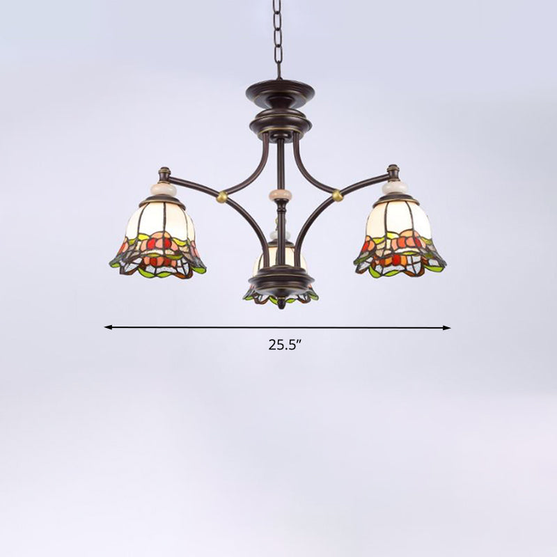Tiffany Flower Chandelier Lamp 3/6/8 Lights Stained Glass Suspension Lighting in Black for Living Room Clearhalo 'Ceiling Lights' 'Chandeliers' 'Close To Ceiling Lights' 'Industrial' 'Middle Century Chandeliers' 'Tiffany Chandeliers' 'Tiffany close to ceiling' 'Tiffany' Lighting' 296255