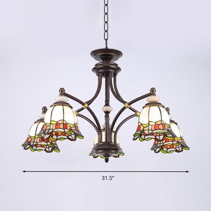 Tiffany Flower Chandelier Lamp 3/6/8 Lights Stained Glass Suspension Lighting in Black for Living Room Clearhalo 'Ceiling Lights' 'Chandeliers' 'Close To Ceiling Lights' 'Industrial' 'Middle Century Chandeliers' 'Tiffany Chandeliers' 'Tiffany close to ceiling' 'Tiffany' Lighting' 296259