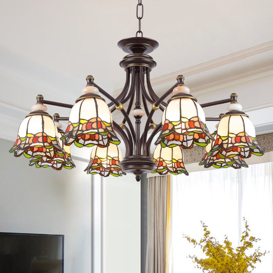 Tiffany Flower Chandelier Lamp 3/6/8 Lights Stained Glass Suspension Lighting in Black for Living Room Clearhalo 'Ceiling Lights' 'Chandeliers' 'Close To Ceiling Lights' 'Industrial' 'Middle Century Chandeliers' 'Tiffany Chandeliers' 'Tiffany close to ceiling' 'Tiffany' Lighting' 296261