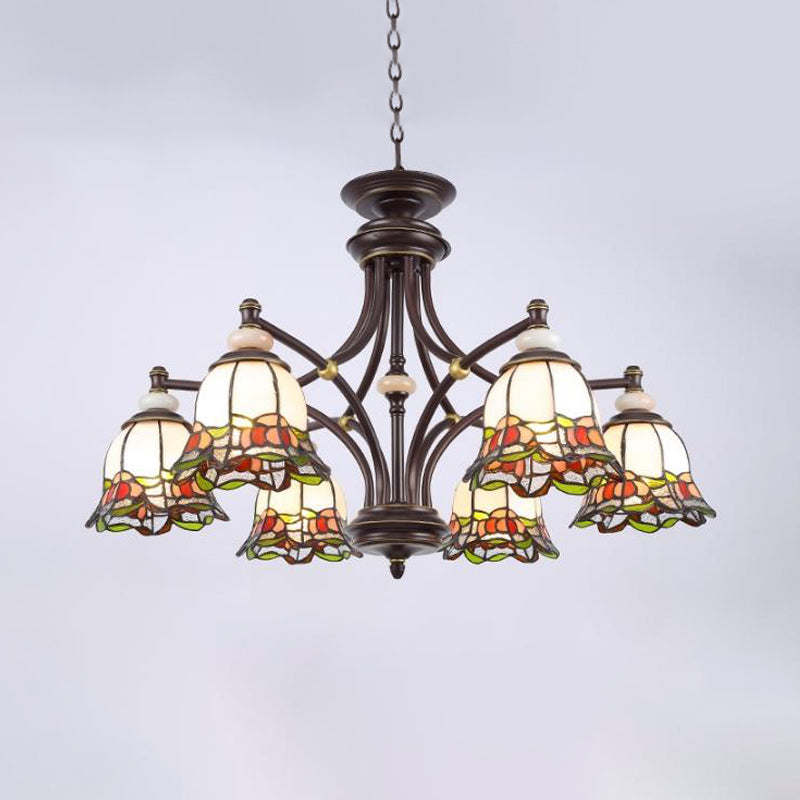 Tiffany Flower Chandelier Lamp 3/6/8 Lights Stained Glass Suspension Lighting in Black for Living Room Clearhalo 'Ceiling Lights' 'Chandeliers' 'Close To Ceiling Lights' 'Industrial' 'Middle Century Chandeliers' 'Tiffany Chandeliers' 'Tiffany close to ceiling' 'Tiffany' Lighting' 296262