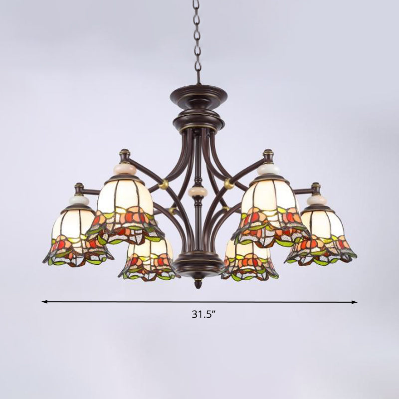 Tiffany Flower Chandelier Lamp 3/6/8 Lights Stained Glass Suspension Lighting in Black for Living Room Clearhalo 'Ceiling Lights' 'Chandeliers' 'Close To Ceiling Lights' 'Industrial' 'Middle Century Chandeliers' 'Tiffany Chandeliers' 'Tiffany close to ceiling' 'Tiffany' Lighting' 296263