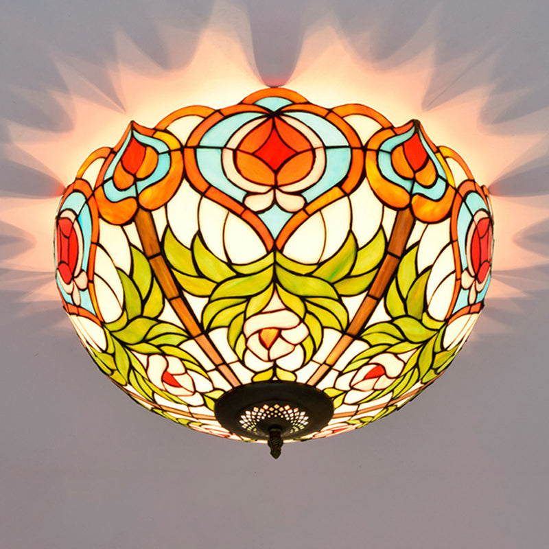 Bowl Cut Glass Ceiling Flush Mount Victorian 2/3/5 Heads White and Green Flush Mount Light Fixture, 12"/16"/19.5" Wide White-Green 19.5" Clearhalo 'Ceiling Lights' 'Close To Ceiling Lights' 'Close to ceiling' 'Flush mount' Lighting' 296319