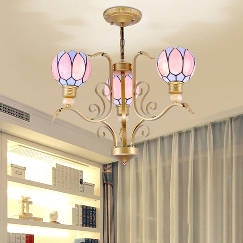 Blossom Chandelier Light Tiffany Pink Glass 3/5/6 Lights Brass Hanging Lamp Kit for Living Room 3 Pink Clearhalo 'Ceiling Lights' 'Chandeliers' 'Close To Ceiling Lights' 'Industrial' 'Middle Century Chandeliers' 'Tiffany Chandeliers' 'Tiffany close to ceiling' 'Tiffany' Lighting' 296332
