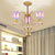Blossom Chandelier Light Tiffany Pink Glass 3/5/6 Lights Brass Hanging Lamp Kit for Living Room 3 Pink Clearhalo 'Ceiling Lights' 'Chandeliers' 'Close To Ceiling Lights' 'Industrial' 'Middle Century Chandeliers' 'Tiffany Chandeliers' 'Tiffany close to ceiling' 'Tiffany' Lighting' 296332