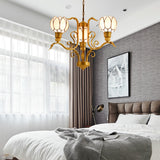 Blossom Chandelier Light Tiffany Pink Glass 3/5/6 Lights Brass Hanging Lamp Kit for Living Room Clearhalo 'Ceiling Lights' 'Chandeliers' 'Close To Ceiling Lights' 'Industrial' 'Middle Century Chandeliers' 'Tiffany Chandeliers' 'Tiffany close to ceiling' 'Tiffany' Lighting' 296334