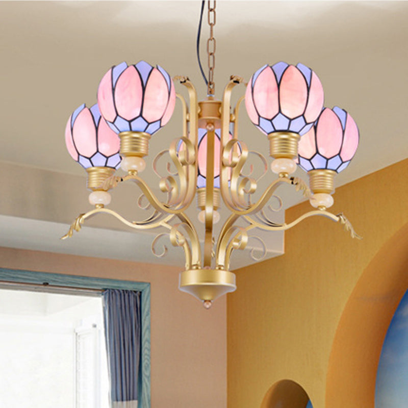 Blossom Chandelier Light Tiffany Pink Glass 3/5/6 Lights Brass Hanging Lamp Kit for Living Room 5 Pink Clearhalo 'Ceiling Lights' 'Chandeliers' 'Close To Ceiling Lights' 'Industrial' 'Middle Century Chandeliers' 'Tiffany Chandeliers' 'Tiffany close to ceiling' 'Tiffany' Lighting' 296337