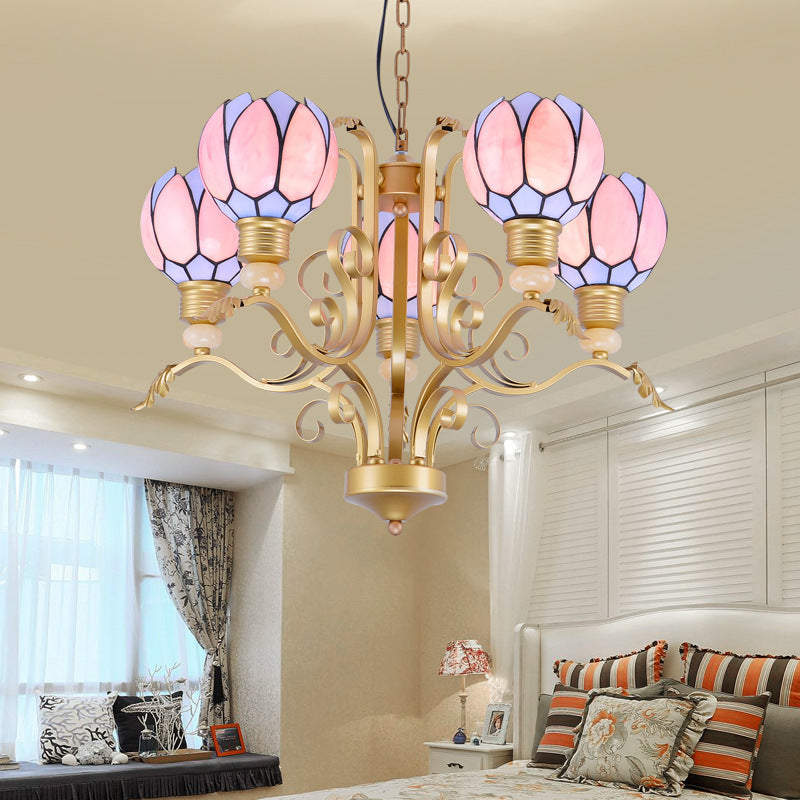 Blossom Chandelier Light Tiffany Pink Glass 3/5/6 Lights Brass Hanging Lamp Kit for Living Room Clearhalo 'Ceiling Lights' 'Chandeliers' 'Close To Ceiling Lights' 'Industrial' 'Middle Century Chandeliers' 'Tiffany Chandeliers' 'Tiffany close to ceiling' 'Tiffany' Lighting' 296338