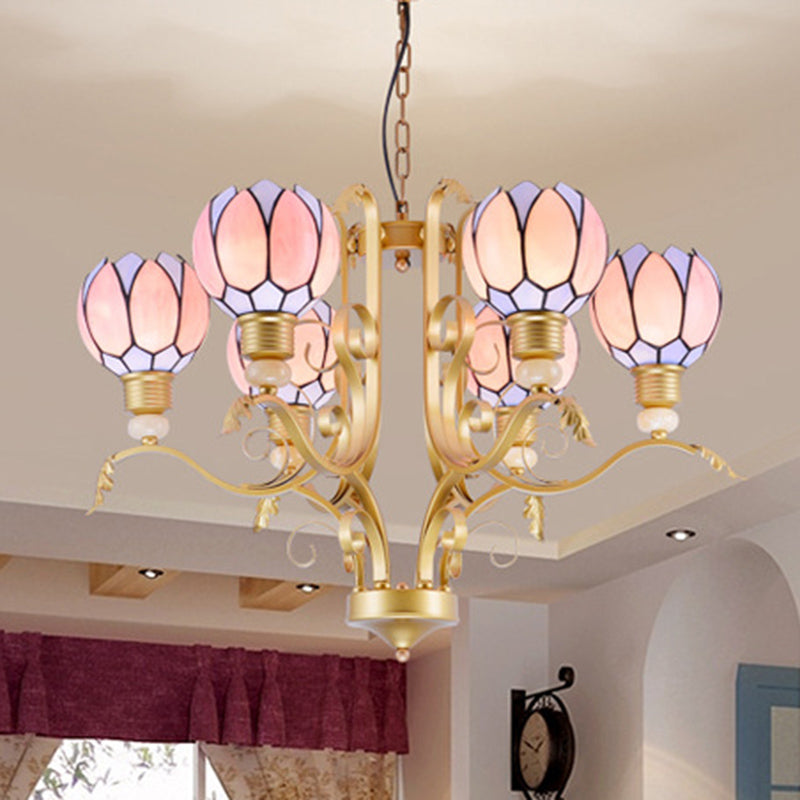 Blossom Chandelier Light Tiffany Pink Glass 3/5/6 Lights Brass Hanging Lamp Kit for Living Room 6 Pink Clearhalo 'Ceiling Lights' 'Chandeliers' 'Close To Ceiling Lights' 'Industrial' 'Middle Century Chandeliers' 'Tiffany Chandeliers' 'Tiffany close to ceiling' 'Tiffany' Lighting' 296341
