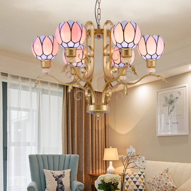 Blossom Chandelier Light Tiffany Pink Glass 3/5/6 Lights Brass Hanging Lamp Kit for Living Room Clearhalo 'Ceiling Lights' 'Chandeliers' 'Close To Ceiling Lights' 'Industrial' 'Middle Century Chandeliers' 'Tiffany Chandeliers' 'Tiffany close to ceiling' 'Tiffany' Lighting' 296342