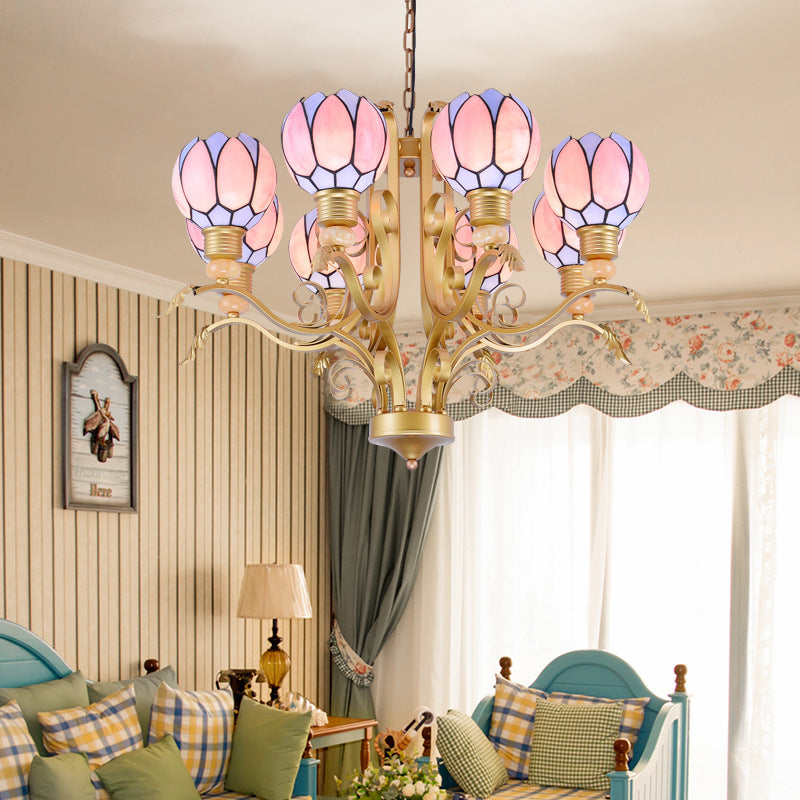 Blossom Chandelier Light Tiffany Pink Glass 3/5/6 Lights Brass Hanging Lamp Kit for Living Room Clearhalo 'Ceiling Lights' 'Chandeliers' 'Close To Ceiling Lights' 'Industrial' 'Middle Century Chandeliers' 'Tiffany Chandeliers' 'Tiffany close to ceiling' 'Tiffany' Lighting' 296348