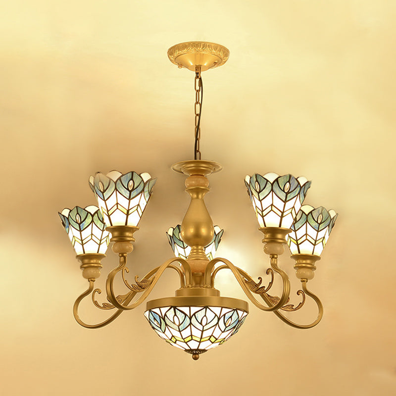 Tiffany Peacock Feather Chandelier Lighting 3/5/6 Lights Stained Glass Suspension Light in Gold for Living Room Clearhalo 'Ceiling Lights' 'Chandeliers' 'Close To Ceiling Lights' 'Industrial' 'Middle Century Chandeliers' 'Tiffany Chandeliers' 'Tiffany close to ceiling' 'Tiffany' Lighting' 296369