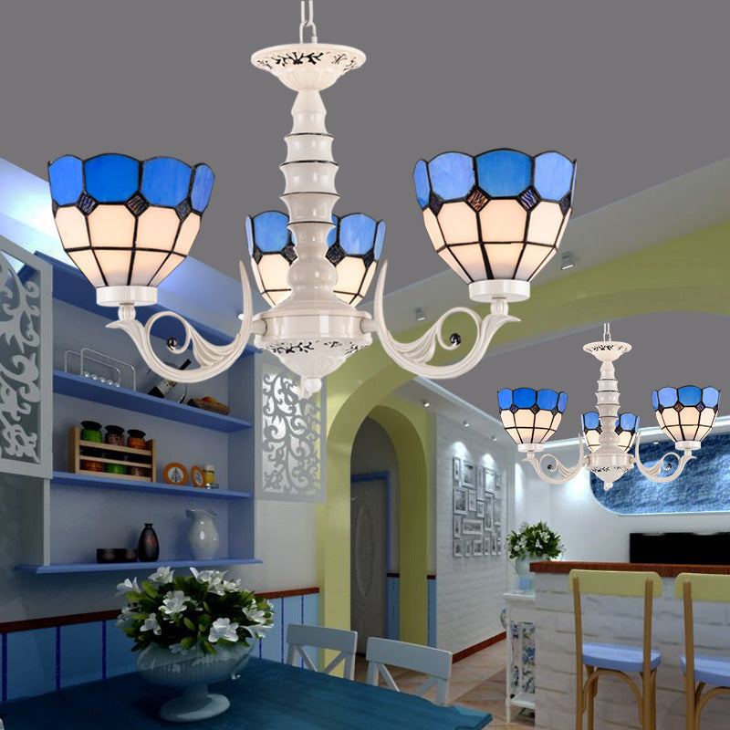 Mediterranean Dome Chandelier Light 3/5/8 Light Stained Glass Pendant Lamp in White for Living Room Clearhalo 'Ceiling Lights' 'Chandeliers' 'Close To Ceiling Lights' 'Industrial' 'Middle Century Chandeliers' 'Tiffany Chandeliers' 'Tiffany close to ceiling' 'Tiffany' Lighting' 296390