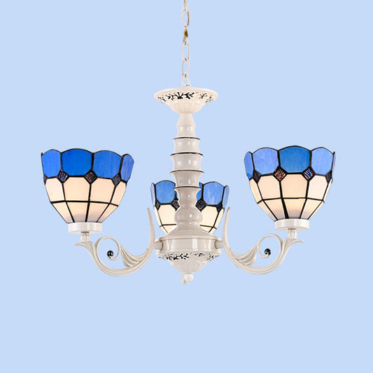 Mediterranean Dome Chandelier Light 3/5/8 Light Stained Glass Pendant Lamp in White for Living Room 3 White Clearhalo 'Ceiling Lights' 'Chandeliers' 'Close To Ceiling Lights' 'Industrial' 'Middle Century Chandeliers' 'Tiffany Chandeliers' 'Tiffany close to ceiling' 'Tiffany' Lighting' 296391