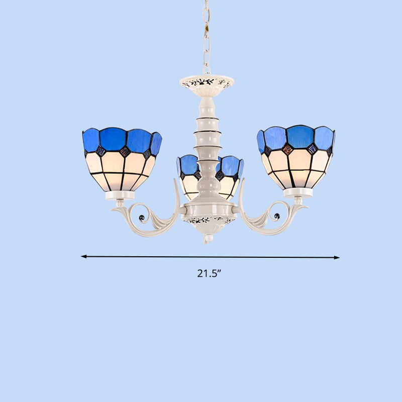 Mediterranean Dome Chandelier Light 3/5/8 Light Stained Glass Pendant Lamp in White for Living Room Clearhalo 'Ceiling Lights' 'Chandeliers' 'Close To Ceiling Lights' 'Industrial' 'Middle Century Chandeliers' 'Tiffany Chandeliers' 'Tiffany close to ceiling' 'Tiffany' Lighting' 296392