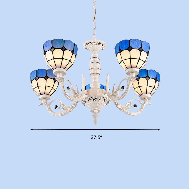 Mediterranean Dome Chandelier Light 3/5/8 Light Stained Glass Pendant Lamp in White for Living Room Clearhalo 'Ceiling Lights' 'Chandeliers' 'Close To Ceiling Lights' 'Industrial' 'Middle Century Chandeliers' 'Tiffany Chandeliers' 'Tiffany close to ceiling' 'Tiffany' Lighting' 296396