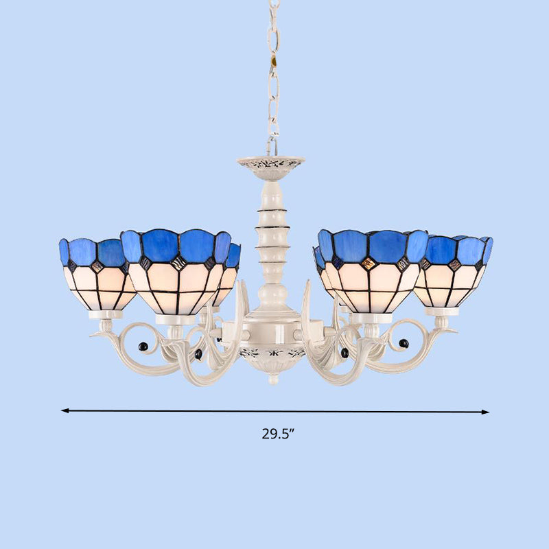 Mediterranean Dome Chandelier Light 3/5/8 Light Stained Glass Pendant Lamp in White for Living Room Clearhalo 'Ceiling Lights' 'Chandeliers' 'Close To Ceiling Lights' 'Industrial' 'Middle Century Chandeliers' 'Tiffany Chandeliers' 'Tiffany close to ceiling' 'Tiffany' Lighting' 296398