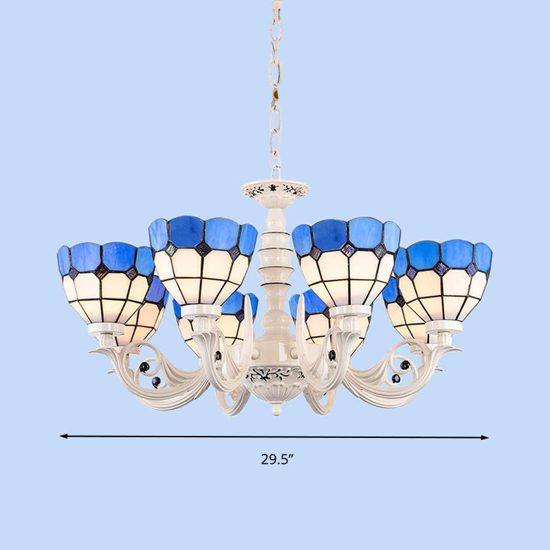 Mediterranean Dome Chandelier Light 3/5/8 Light Stained Glass Pendant Lamp in White for Living Room Clearhalo 'Ceiling Lights' 'Chandeliers' 'Close To Ceiling Lights' 'Industrial' 'Middle Century Chandeliers' 'Tiffany Chandeliers' 'Tiffany close to ceiling' 'Tiffany' Lighting' 296400