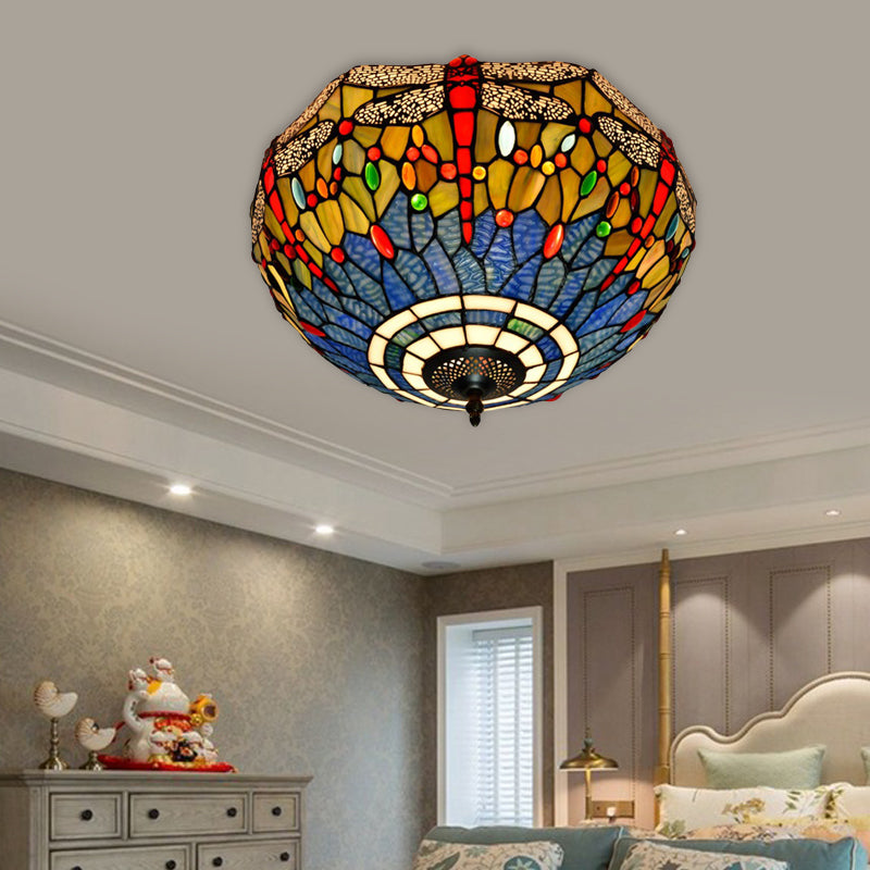 3 Heads Living Room Ceiling Mounted Fixture Tiffany Red/Yellow/Orange Flush Mount Lamp with Dragonfly Stained Glass Shade Blue Clearhalo 'Ceiling Lights' 'Close To Ceiling Lights' 'Close to ceiling' 'Flush mount' Lighting' 296401