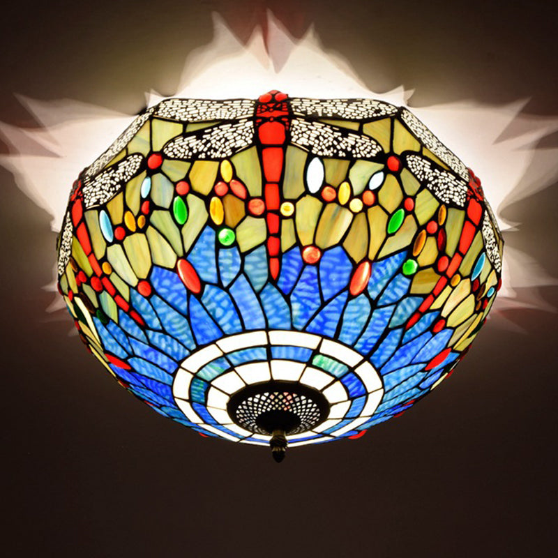 3 Heads Living Room Ceiling Mounted Fixture Tiffany Red/Yellow/Orange Flush Mount Lamp with Dragonfly Stained Glass Shade Clearhalo 'Ceiling Lights' 'Close To Ceiling Lights' 'Close to ceiling' 'Flush mount' Lighting' 296402
