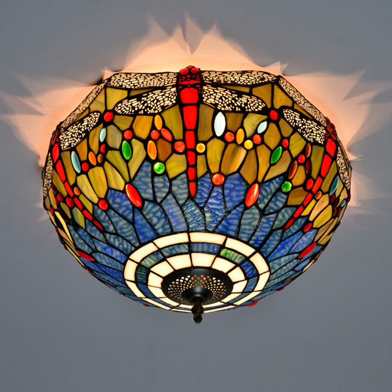 3 Heads Living Room Ceiling Mounted Fixture Tiffany Red/Yellow/Orange Flush Mount Lamp with Dragonfly Stained Glass Shade Clearhalo 'Ceiling Lights' 'Close To Ceiling Lights' 'Close to ceiling' 'Flush mount' Lighting' 296403