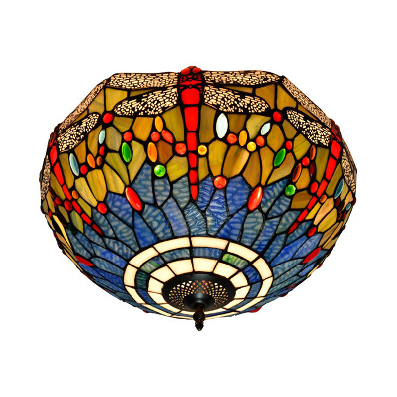 3 Heads Living Room Ceiling Mounted Fixture Tiffany Red/Yellow/Orange Flush Mount Lamp with Dragonfly Stained Glass Shade Clearhalo 'Ceiling Lights' 'Close To Ceiling Lights' 'Close to ceiling' 'Flush mount' Lighting' 296404