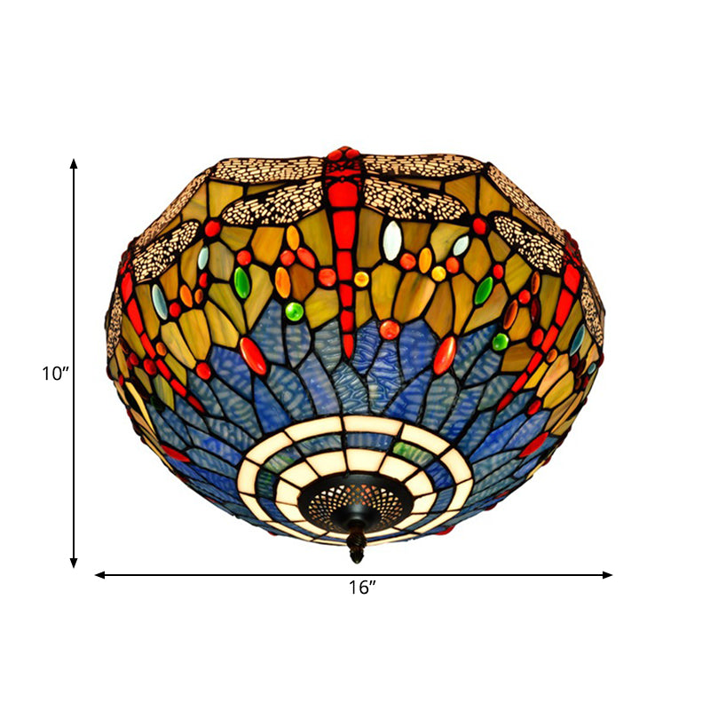 3 Heads Living Room Ceiling Mounted Fixture Tiffany Red/Yellow/Orange Flush Mount Lamp with Dragonfly Stained Glass Shade Clearhalo 'Ceiling Lights' 'Close To Ceiling Lights' 'Close to ceiling' 'Flush mount' Lighting' 296405