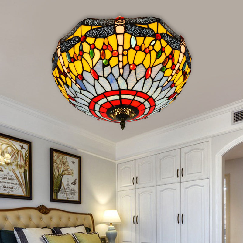 3 Heads Living Room Ceiling Mounted Fixture Tiffany Red/Yellow/Orange Flush Mount Lamp with Dragonfly Stained Glass Shade Yellow Clearhalo 'Ceiling Lights' 'Close To Ceiling Lights' 'Close to ceiling' 'Flush mount' Lighting' 296406