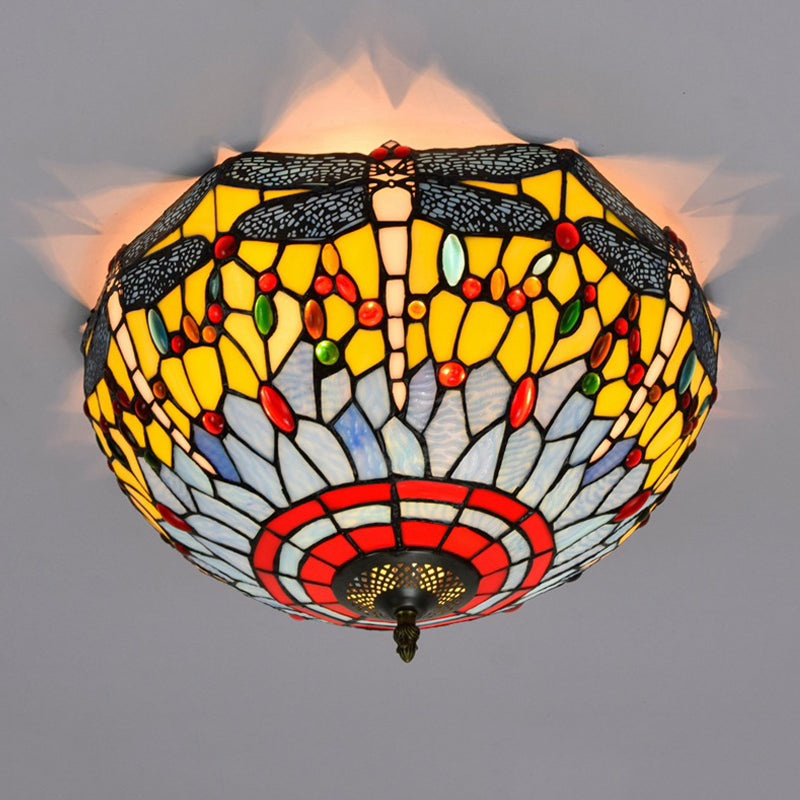 3 Heads Living Room Ceiling Mounted Fixture Tiffany Red/Yellow/Orange Flush Mount Lamp with Dragonfly Stained Glass Shade Clearhalo 'Ceiling Lights' 'Close To Ceiling Lights' 'Close to ceiling' 'Flush mount' Lighting' 296407