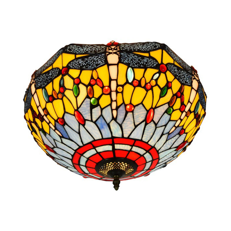 3 Heads Living Room Ceiling Mounted Fixture Tiffany Red/Yellow/Orange Flush Mount Lamp with Dragonfly Stained Glass Shade Clearhalo 'Ceiling Lights' 'Close To Ceiling Lights' 'Close to ceiling' 'Flush mount' Lighting' 296408