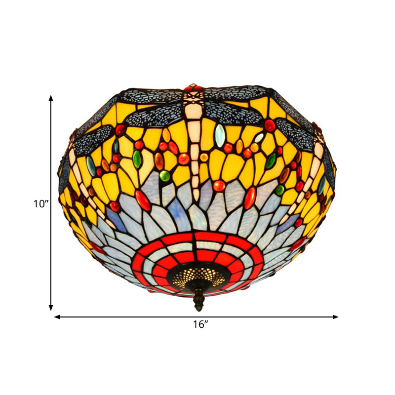 3 Heads Living Room Ceiling Mounted Fixture Tiffany Red/Yellow/Orange Flush Mount Lamp with Dragonfly Stained Glass Shade Clearhalo 'Ceiling Lights' 'Close To Ceiling Lights' 'Close to ceiling' 'Flush mount' Lighting' 296409