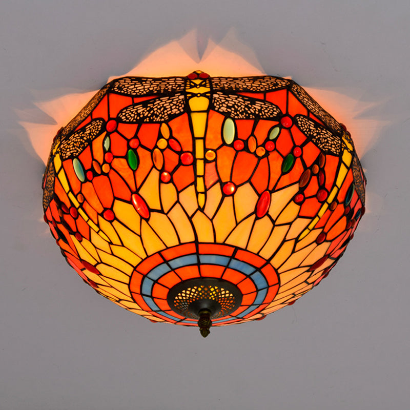 3 Heads Living Room Ceiling Mounted Fixture Tiffany Red/Yellow/Orange Flush Mount Lamp with Dragonfly Stained Glass Shade Red Clearhalo 'Ceiling Lights' 'Close To Ceiling Lights' 'Close to ceiling' 'Flush mount' Lighting' 296410