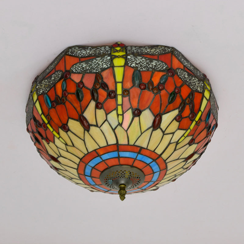 3 Heads Living Room Ceiling Mounted Fixture Tiffany Red/Yellow/Orange Flush Mount Lamp with Dragonfly Stained Glass Shade Clearhalo 'Ceiling Lights' 'Close To Ceiling Lights' 'Close to ceiling' 'Flush mount' Lighting' 296411