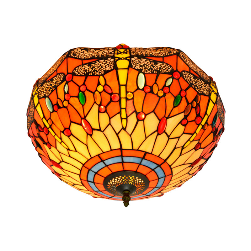 3 Heads Living Room Ceiling Mounted Fixture Tiffany Red/Yellow/Orange Flush Mount Lamp with Dragonfly Stained Glass Shade Clearhalo 'Ceiling Lights' 'Close To Ceiling Lights' 'Close to ceiling' 'Flush mount' Lighting' 296412