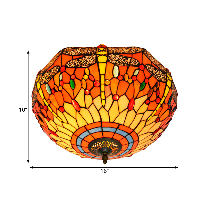 3 Heads Living Room Ceiling Mounted Fixture Tiffany Red/Yellow/Orange Flush Mount Lamp with Dragonfly Stained Glass Shade Clearhalo 'Ceiling Lights' 'Close To Ceiling Lights' 'Close to ceiling' 'Flush mount' Lighting' 296413