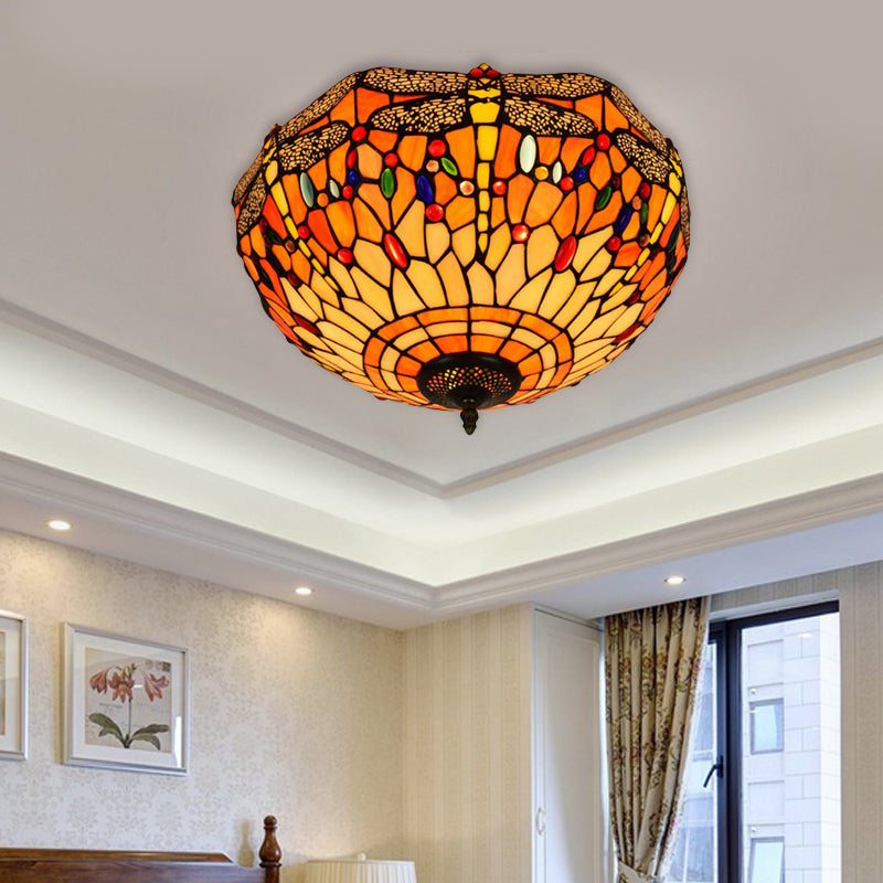 3 Heads Living Room Ceiling Mounted Fixture Tiffany Red/Yellow/Orange Flush Mount Lamp with Dragonfly Stained Glass Shade Orange Clearhalo 'Ceiling Lights' 'Close To Ceiling Lights' 'Close to ceiling' 'Flush mount' Lighting' 296414