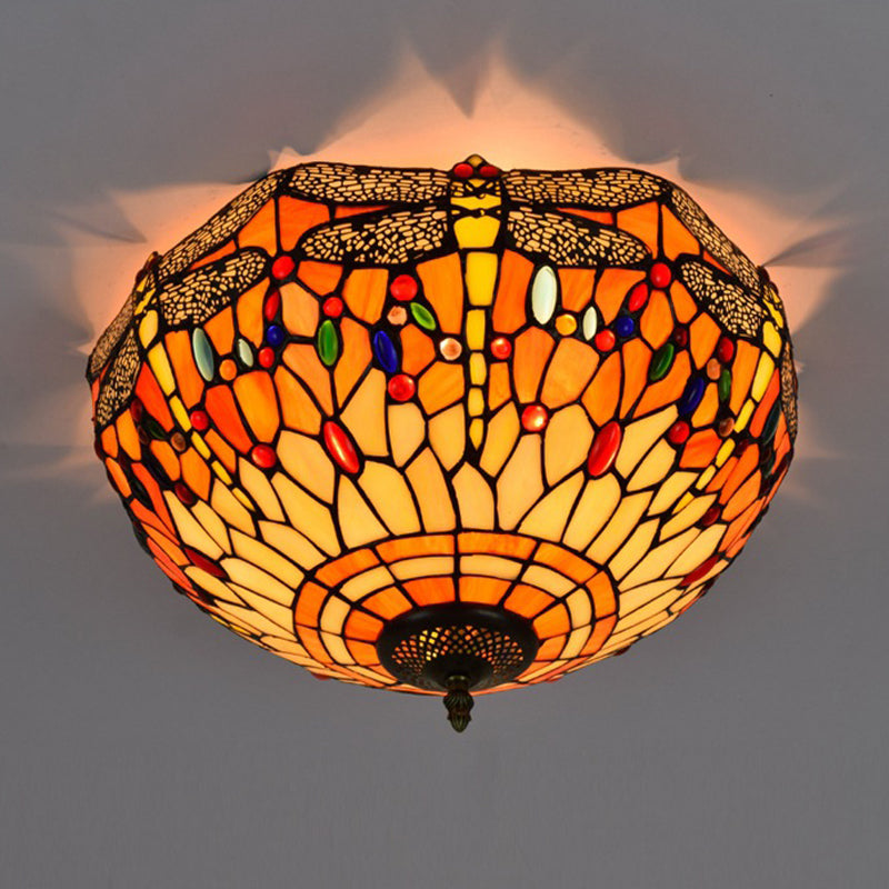 3 Heads Living Room Ceiling Mounted Fixture Tiffany Red/Yellow/Orange Flush Mount Lamp with Dragonfly Stained Glass Shade Clearhalo 'Ceiling Lights' 'Close To Ceiling Lights' 'Close to ceiling' 'Flush mount' Lighting' 296415
