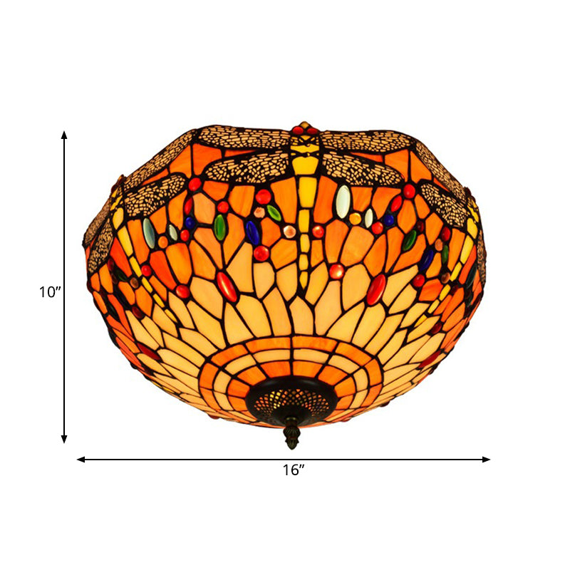 3 Heads Living Room Ceiling Mounted Fixture Tiffany Red/Yellow/Orange Flush Mount Lamp with Dragonfly Stained Glass Shade Clearhalo 'Ceiling Lights' 'Close To Ceiling Lights' 'Close to ceiling' 'Flush mount' Lighting' 296417