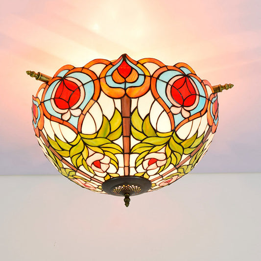 Victorian Blossom Semi Flush Mount Lighting 5 Bulbs Handcrafted Stained Glass Close to Ceiling Lamp in Brass Brass Clearhalo 'Ceiling Lights' 'Close To Ceiling Lights' 'Close to ceiling' 'Glass shade' 'Glass' 'Semi-flushmount' 'Tiffany close to ceiling' 'Tiffany' Lighting' 296433