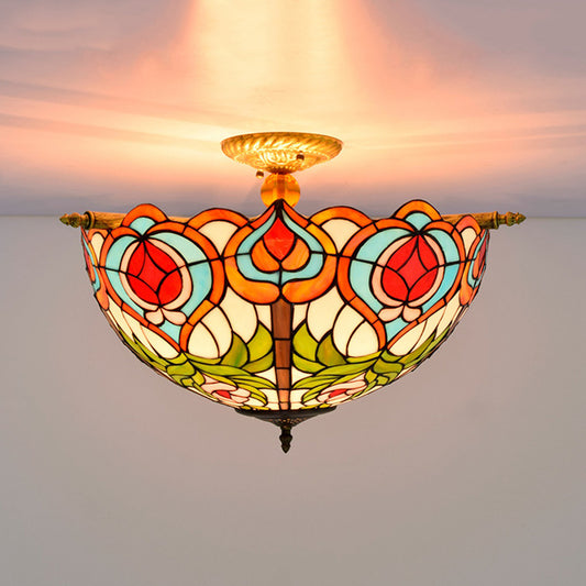 Victorian Blossom Semi Flush Mount Lighting 5 Bulbs Handcrafted Stained Glass Close to Ceiling Lamp in Brass Clearhalo 'Ceiling Lights' 'Close To Ceiling Lights' 'Close to ceiling' 'Glass shade' 'Glass' 'Semi-flushmount' 'Tiffany close to ceiling' 'Tiffany' Lighting' 296434
