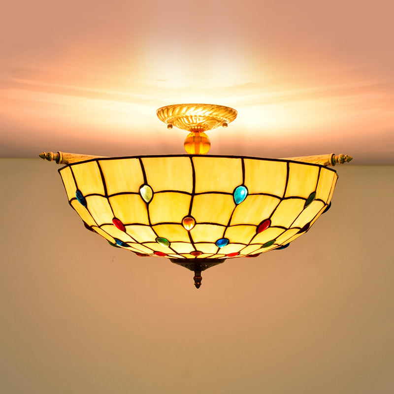 5 Heads Ceiling Lighting Tiffany Beaded Handcrafted Art Glass Semi Flush Mount Light Fixture in Brass, 21.5"/25.5" W Clearhalo 'Ceiling Lights' 'Chandeliers' 'Close To Ceiling Lights' 'Close to ceiling' 'Glass shade' 'Glass' 'Pendant Lights' 'Semi-flushmount' 'Tiffany close to ceiling' 'Tiffany' Lighting' 296439
