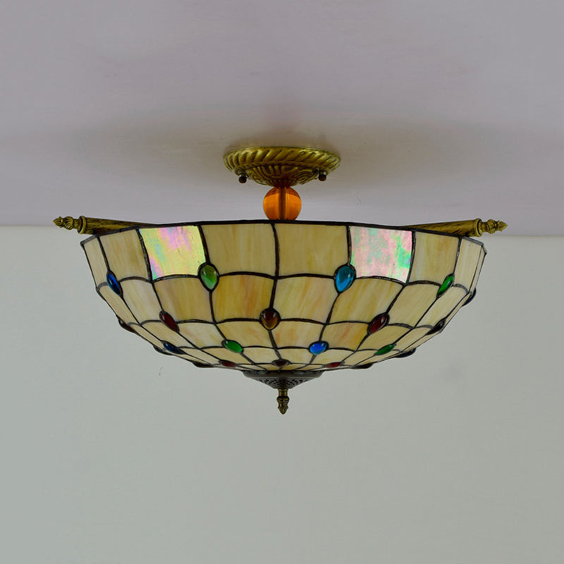 5 Heads Ceiling Lighting Tiffany Beaded Handcrafted Art Glass Semi Flush Mount Light Fixture in Brass, 21.5"/25.5" W Clearhalo 'Ceiling Lights' 'Chandeliers' 'Close To Ceiling Lights' 'Close to ceiling' 'Glass shade' 'Glass' 'Pendant Lights' 'Semi-flushmount' 'Tiffany close to ceiling' 'Tiffany' Lighting' 296440