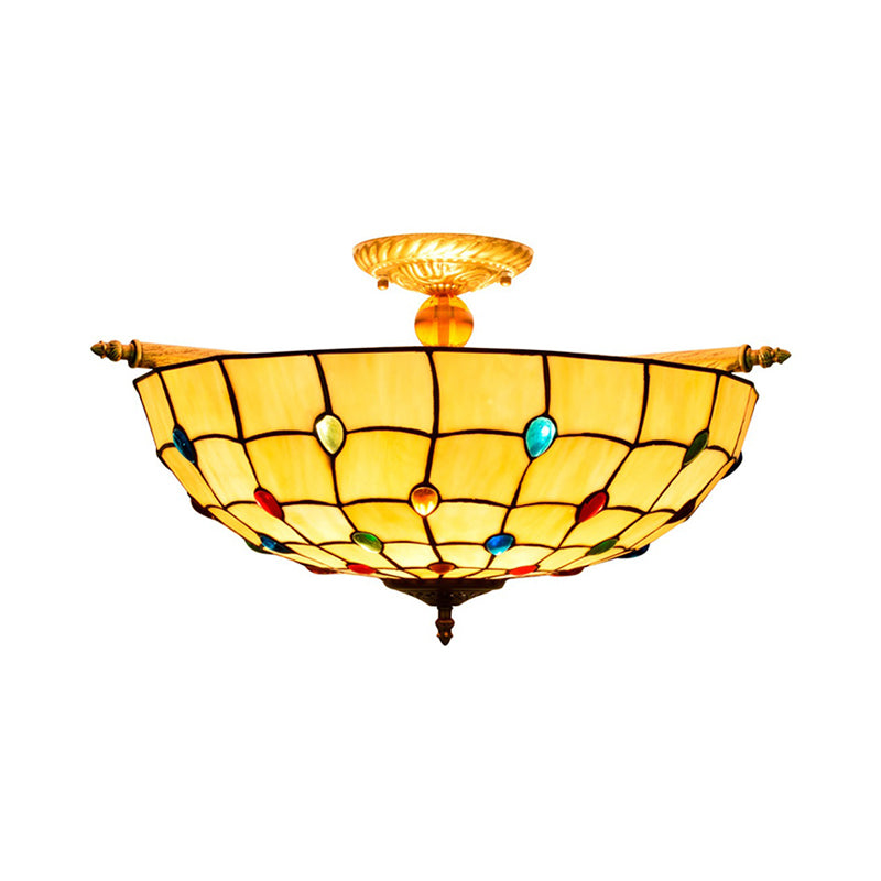 5 Heads Ceiling Lighting Tiffany Beaded Handcrafted Art Glass Semi Flush Mount Light Fixture in Brass, 21.5"/25.5" W Clearhalo 'Ceiling Lights' 'Chandeliers' 'Close To Ceiling Lights' 'Close to ceiling' 'Glass shade' 'Glass' 'Pendant Lights' 'Semi-flushmount' 'Tiffany close to ceiling' 'Tiffany' Lighting' 296441