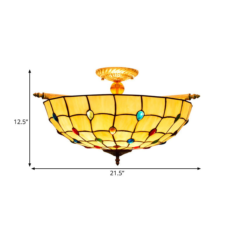 5 Heads Ceiling Lighting Tiffany Beaded Handcrafted Art Glass Semi Flush Mount Light Fixture in Brass, 21.5"/25.5" W Clearhalo 'Ceiling Lights' 'Chandeliers' 'Close To Ceiling Lights' 'Close to ceiling' 'Glass shade' 'Glass' 'Pendant Lights' 'Semi-flushmount' 'Tiffany close to ceiling' 'Tiffany' Lighting' 296442