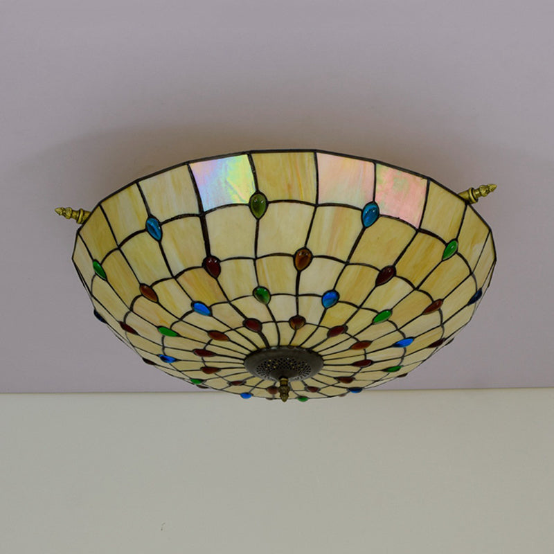 5 Heads Ceiling Lighting Tiffany Beaded Handcrafted Art Glass Semi Flush Mount Light Fixture in Brass, 21.5"/25.5" W Clearhalo 'Ceiling Lights' 'Chandeliers' 'Close To Ceiling Lights' 'Close to ceiling' 'Glass shade' 'Glass' 'Pendant Lights' 'Semi-flushmount' 'Tiffany close to ceiling' 'Tiffany' Lighting' 296444